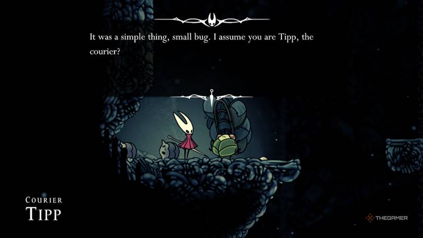 Hornet rescues Tipp in the Mosslands in Hollow Knight: Silksong.