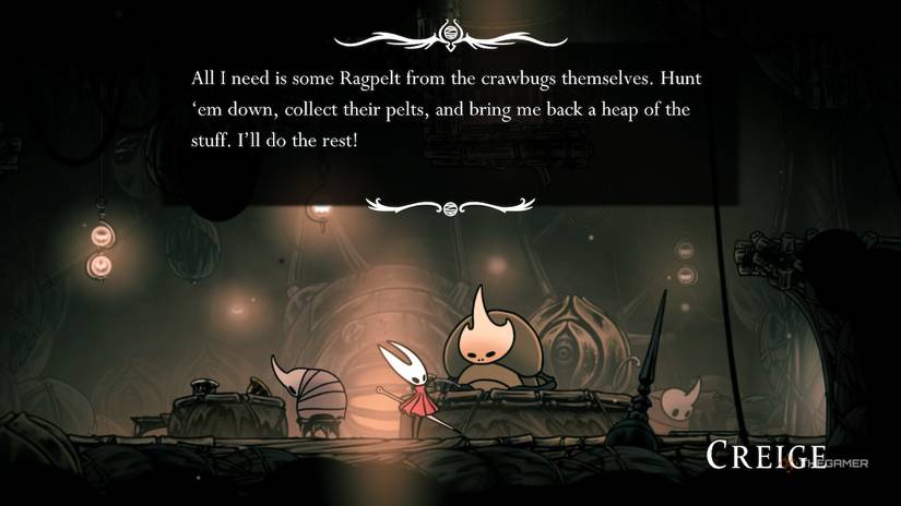 Creige asks for Hornet to help gather ragpelts in Hollow Knight: Silksong.