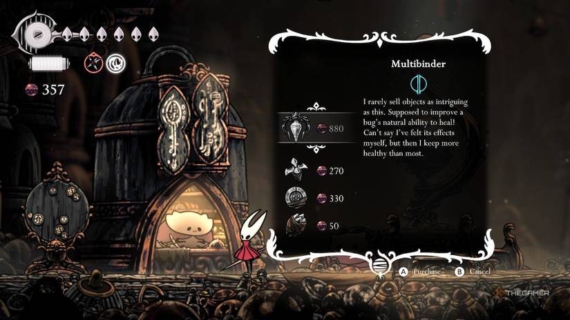 Hornet inspects the Multibinder charm in the Bellhart shop in Hollow Knight: Silksong.