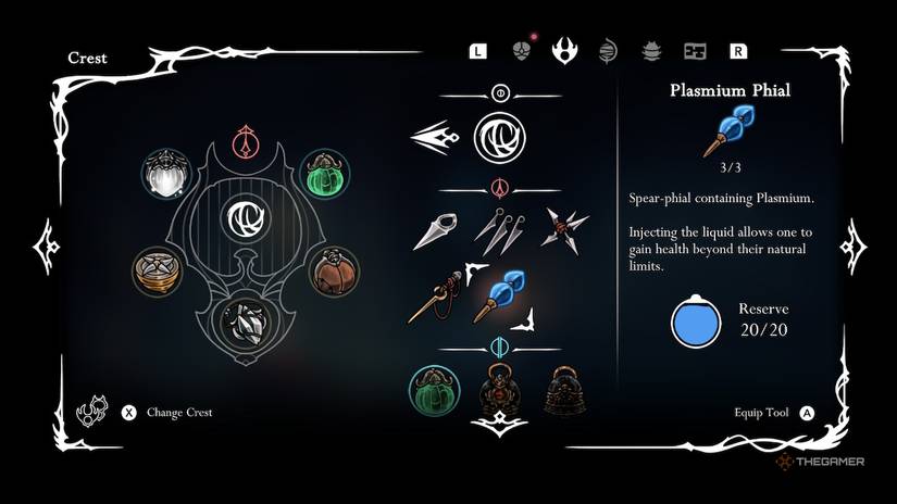 Hornet inspects the Plasmium Vial in Hollow Knight: Silksong.