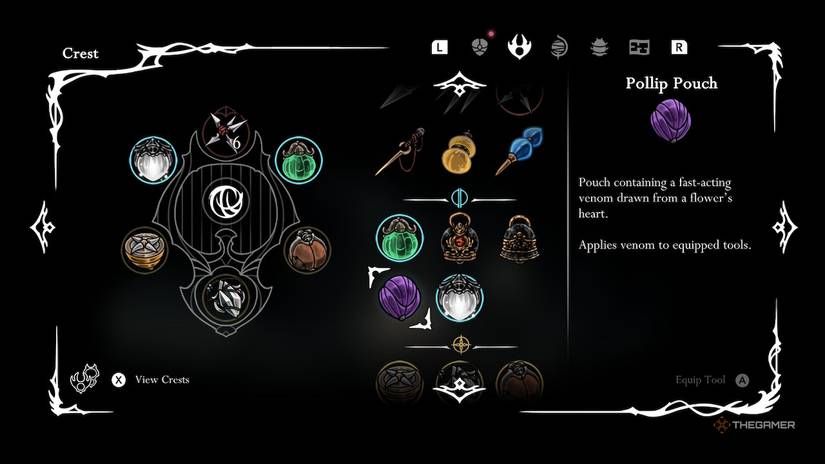 Hornet inspects the Pollip Pouch item in Hollow Knight: Silksong.