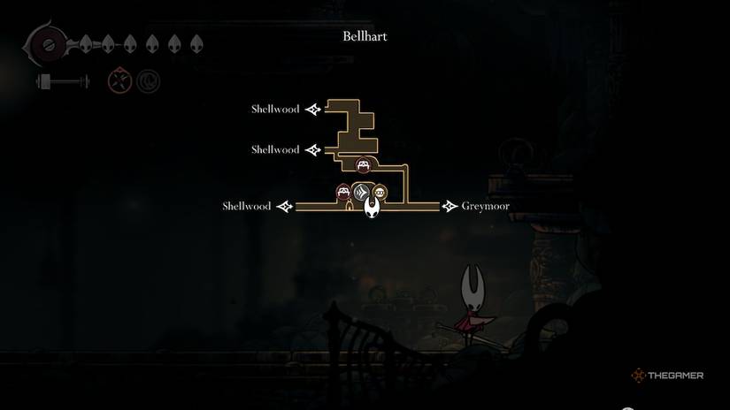 Hornet looks at her map in front of the entrance to lower Bellhart in Hollow Knight: Silksong.