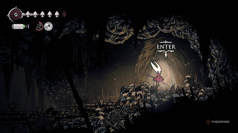 Hornet finds Crull and Benjin's house on the Sinner's Road in Hollow Knight: Silksong.