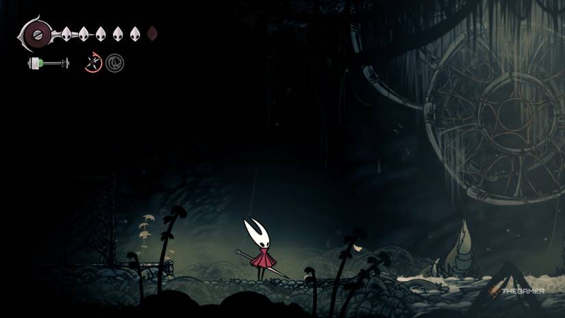 Hornet finds a Muckroach howling at Styx's web in Hollow Knight: Silksong.
