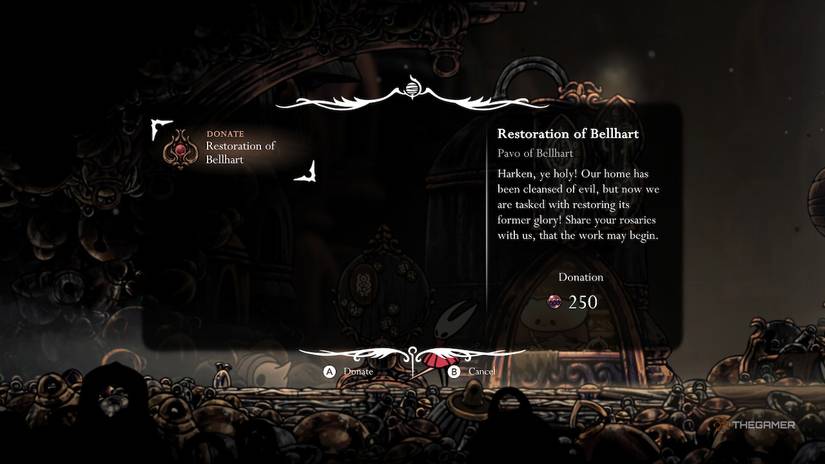 Hornet accepts the Restoration of Bellhart wish and donates rosaries in Hollow Knight: Silksong.