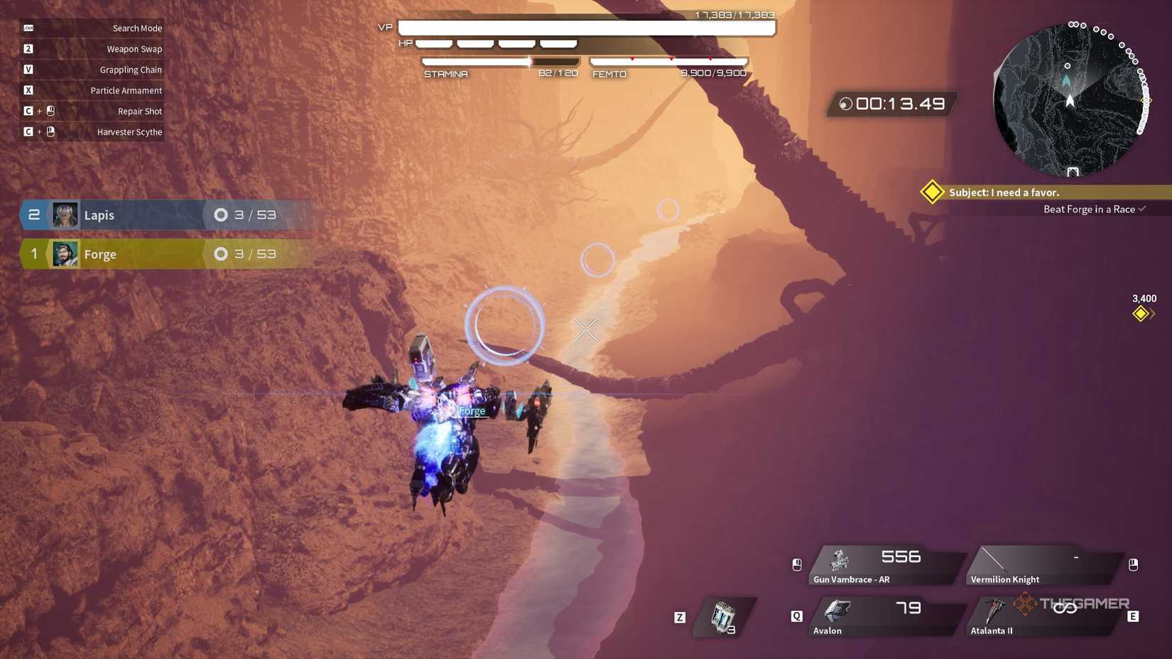 a player flies through rings in a racing side quest in daemon x machina: titanic scion.