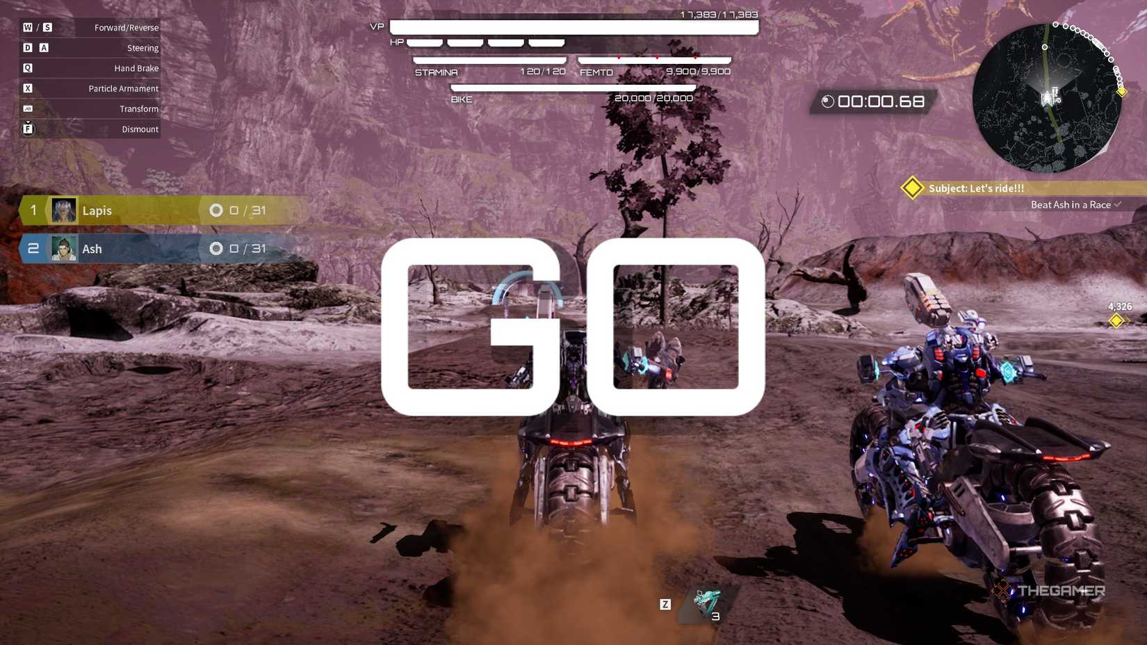 a motorcycle race begins in daemon x machina: titanic scion.