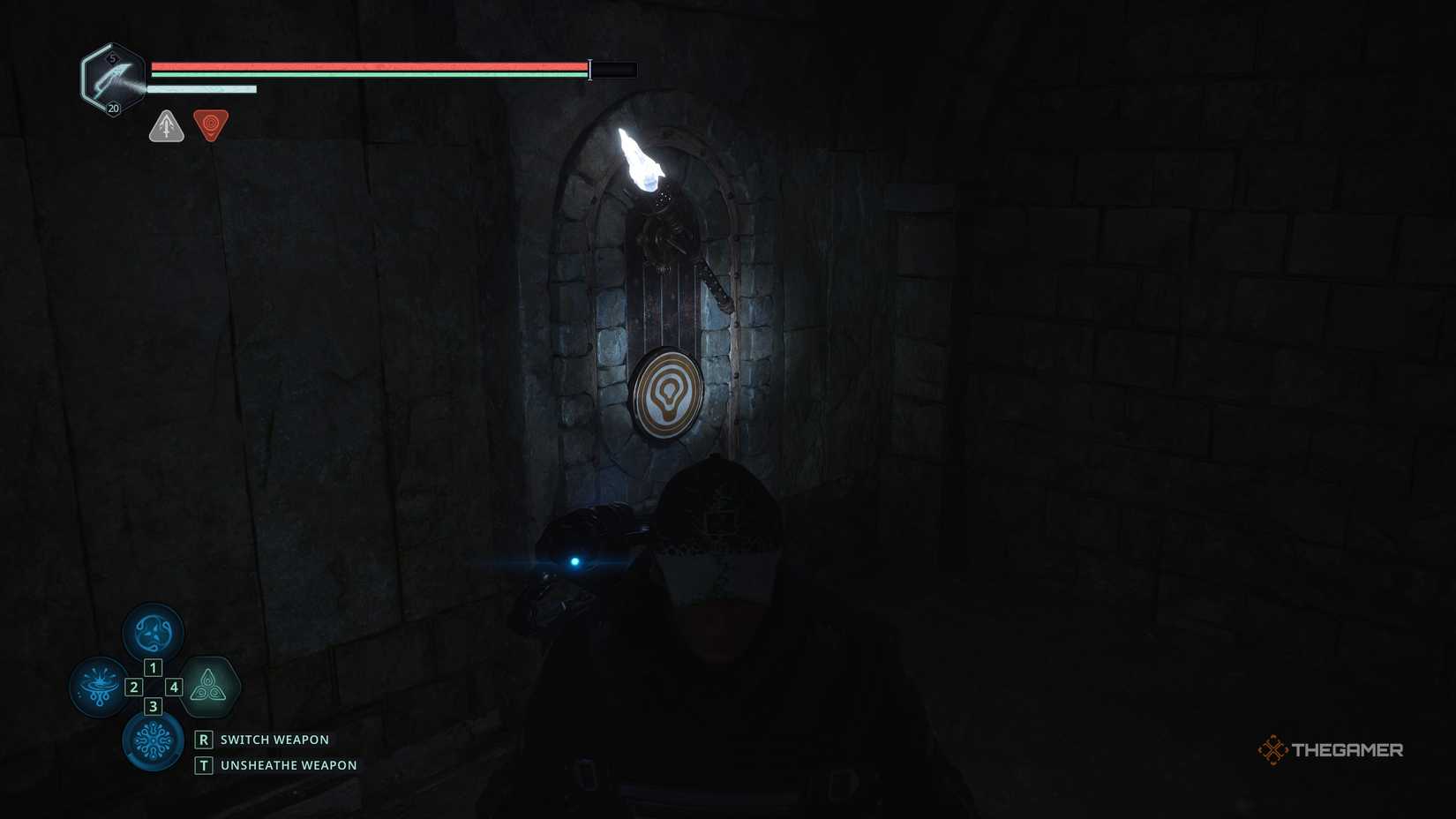 A tilted sconce in the same tower as the stranded ON Peacekeepers in Hell Is Us.