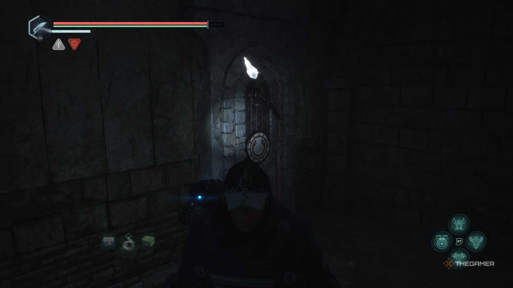 A tilted sconce in the Vigil Training Grounds in Acasa Marshes in Hell Is Us.