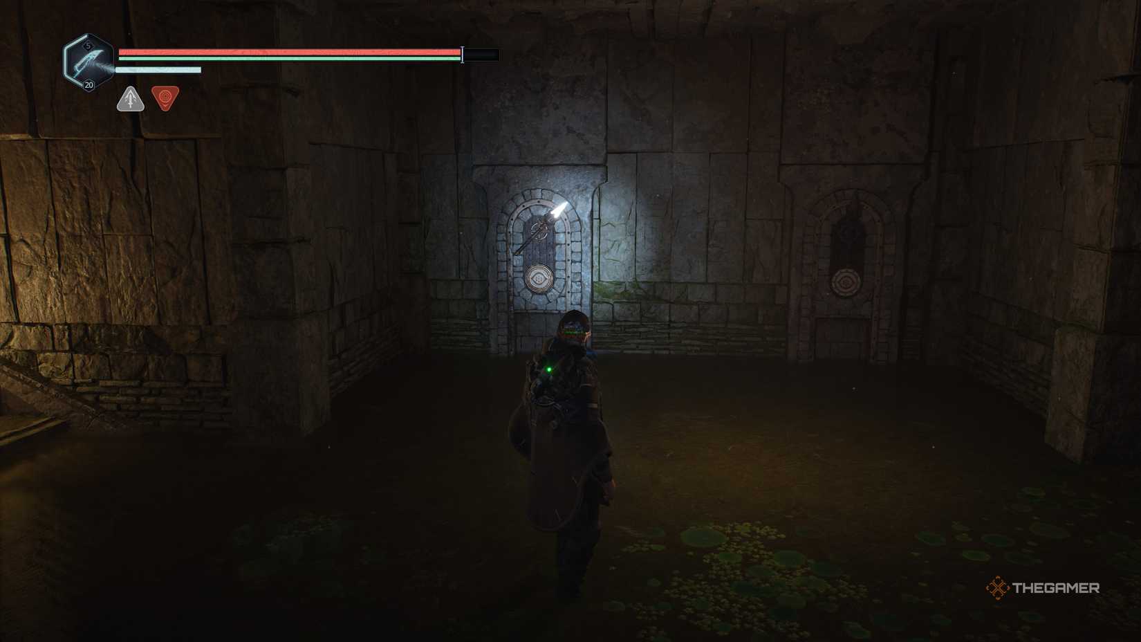 A tilted sconce in the sewers of Jova in Hell Is Us.