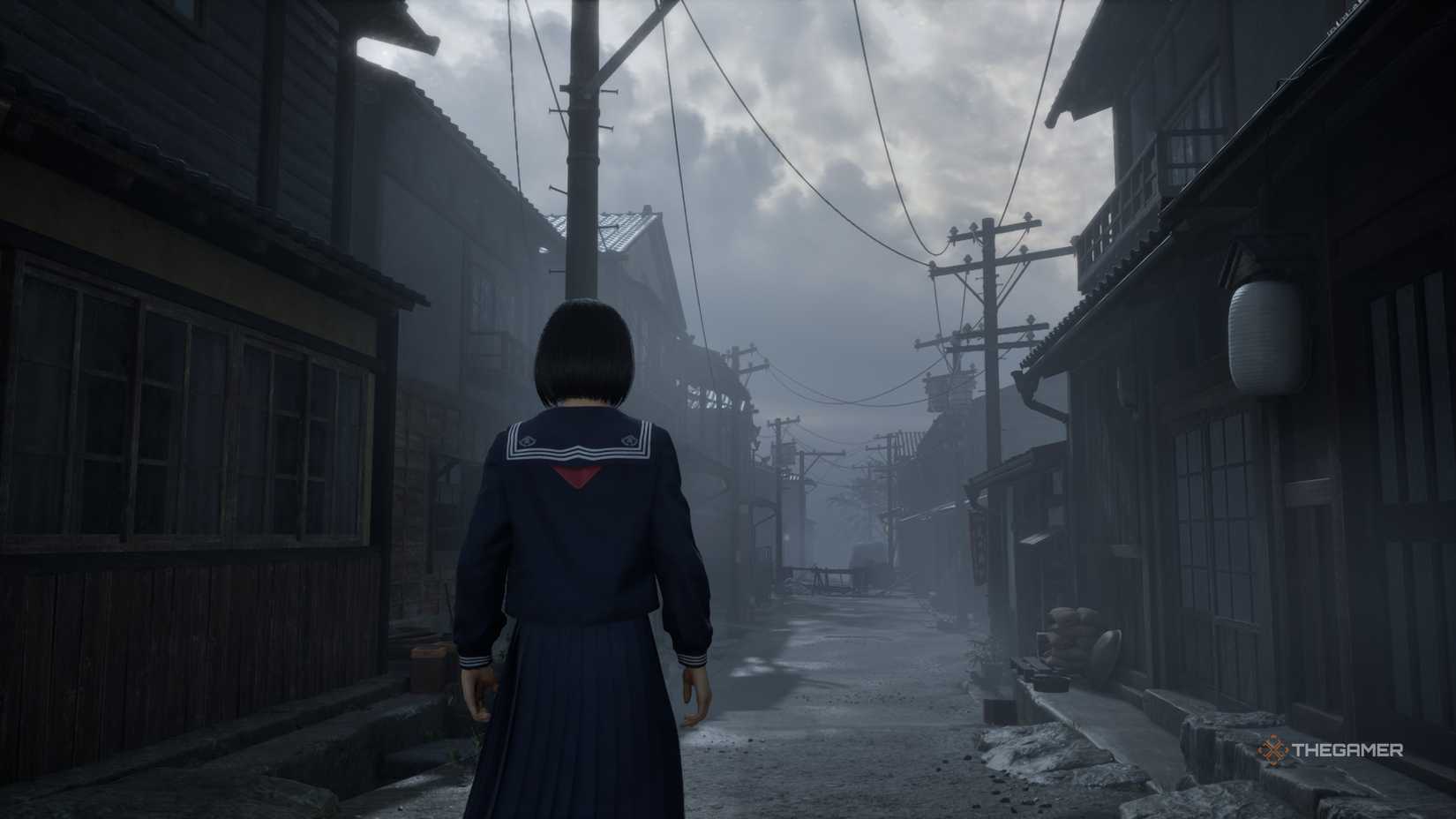 Hinako walking down a street in Ebisugaoka with cloudy skies above in Silent Hill f.