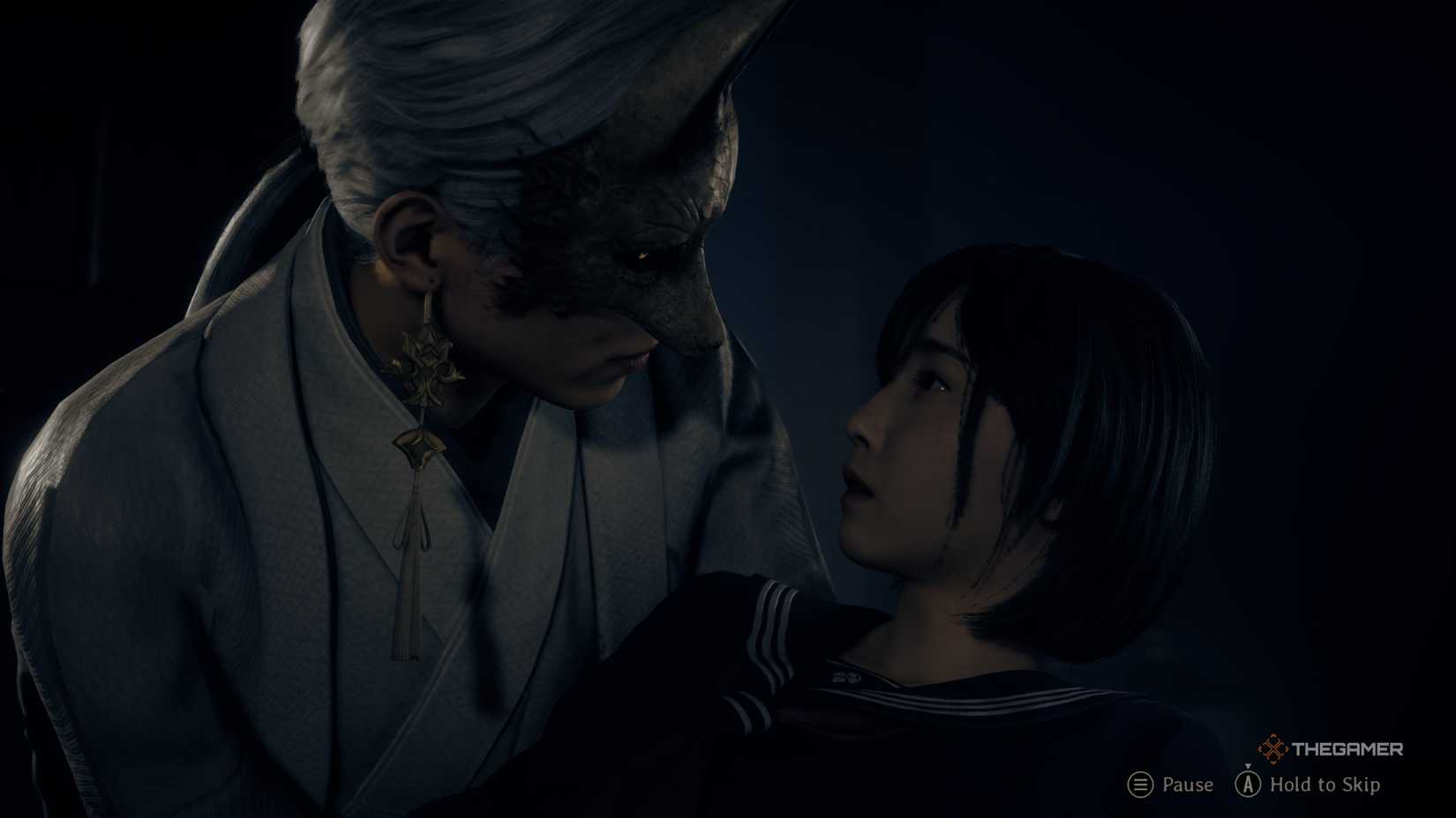 The Fox Mask holding Hinako in his arms in Silent Hill f.