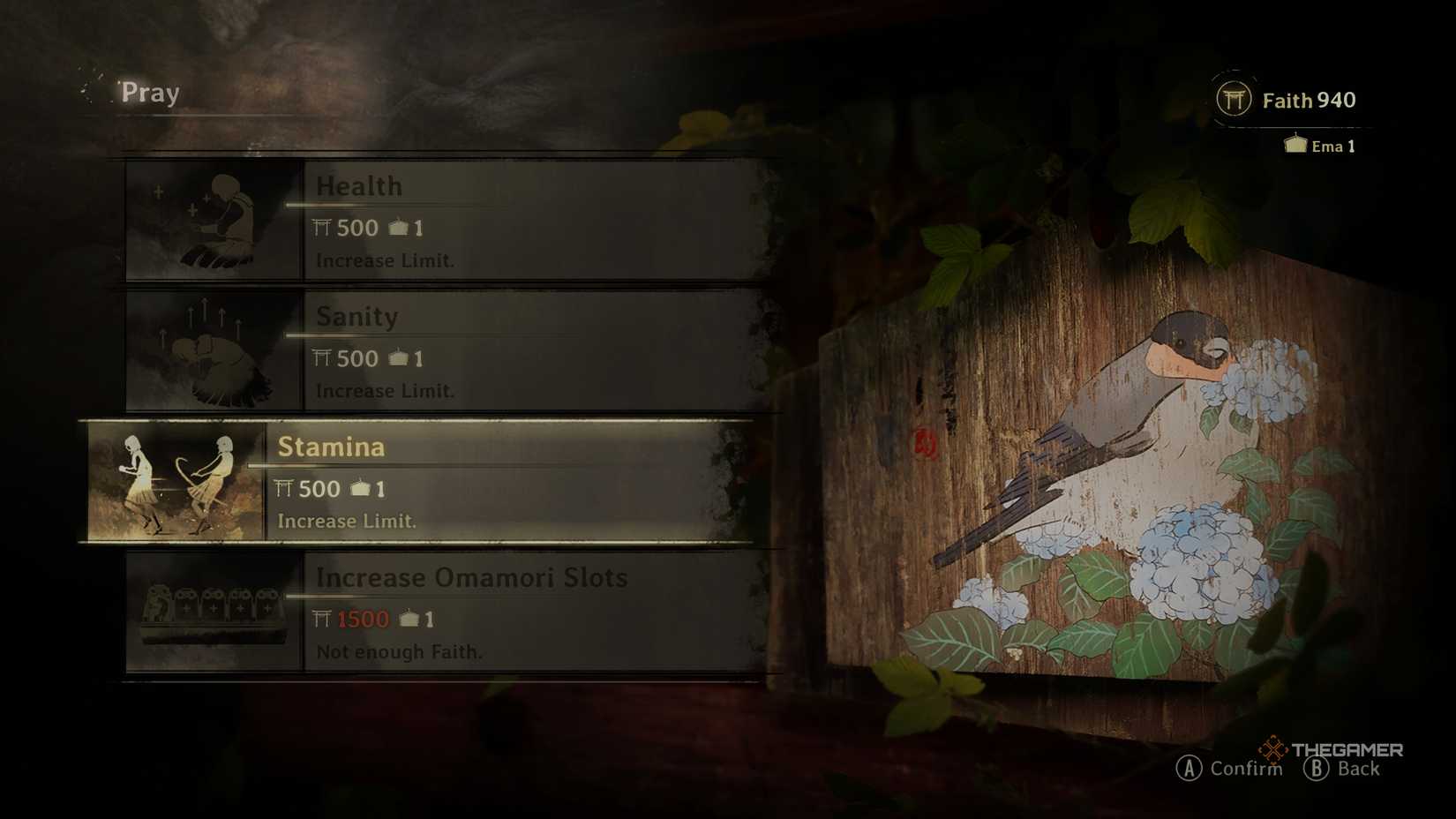 The pray menu with various stats to upgrade in silent hill f.
