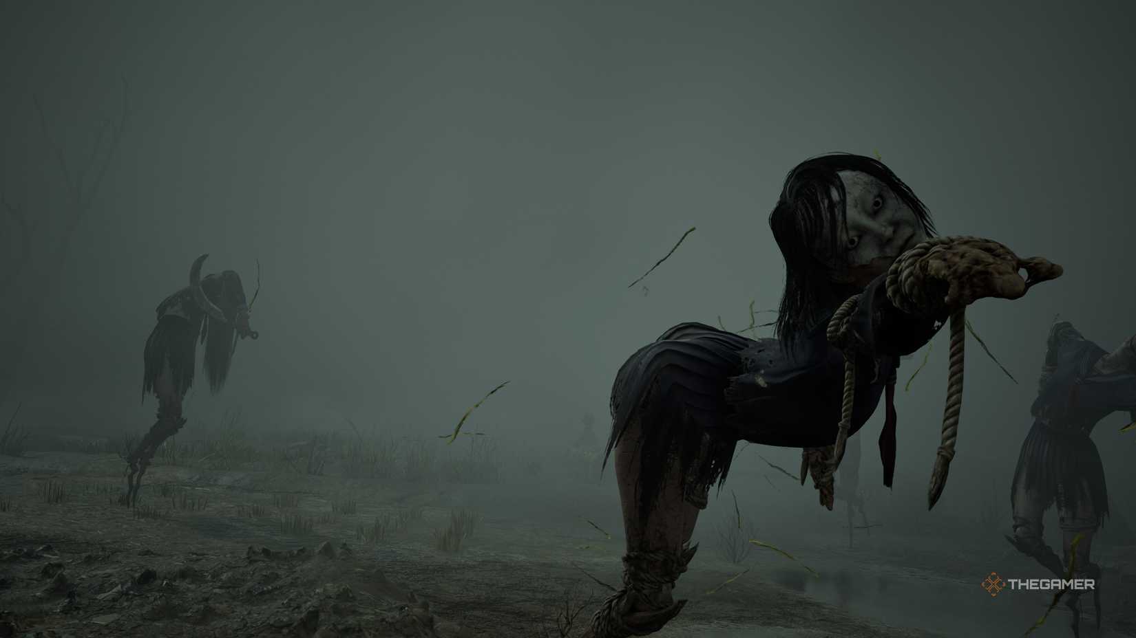 A scarecrow in a school uniform pointing in a direction in silent hill f.