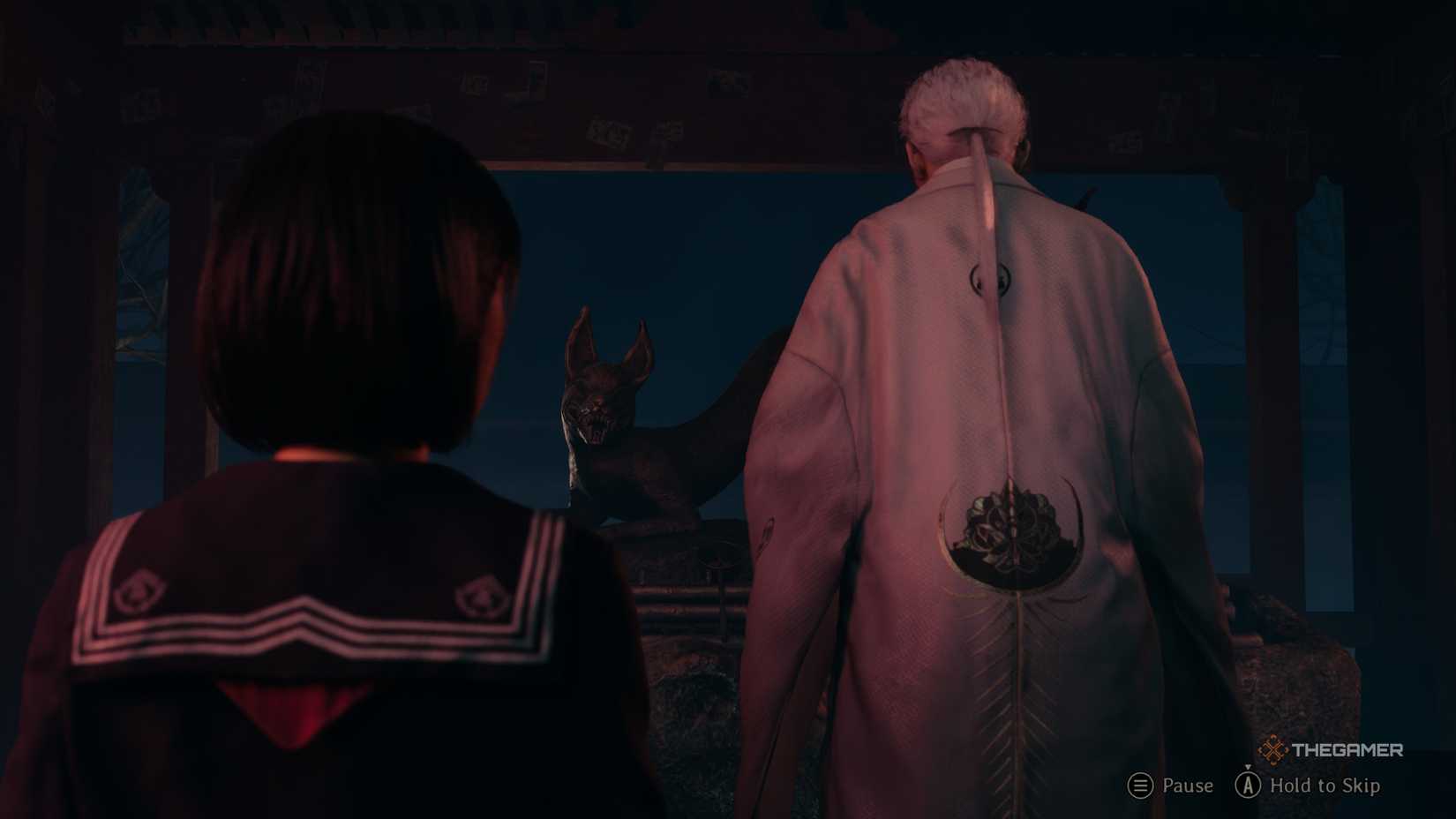Hinako and Fox Mask approaching an Inari statue in Silent Hill f.