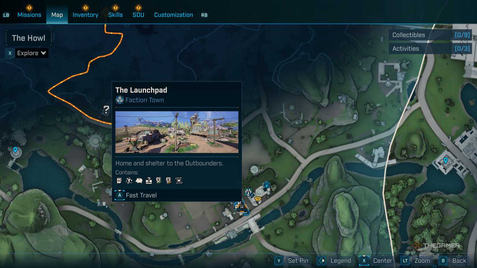 Borderlands 4 screenshot of the map, showing The Launchpad Faction Town.