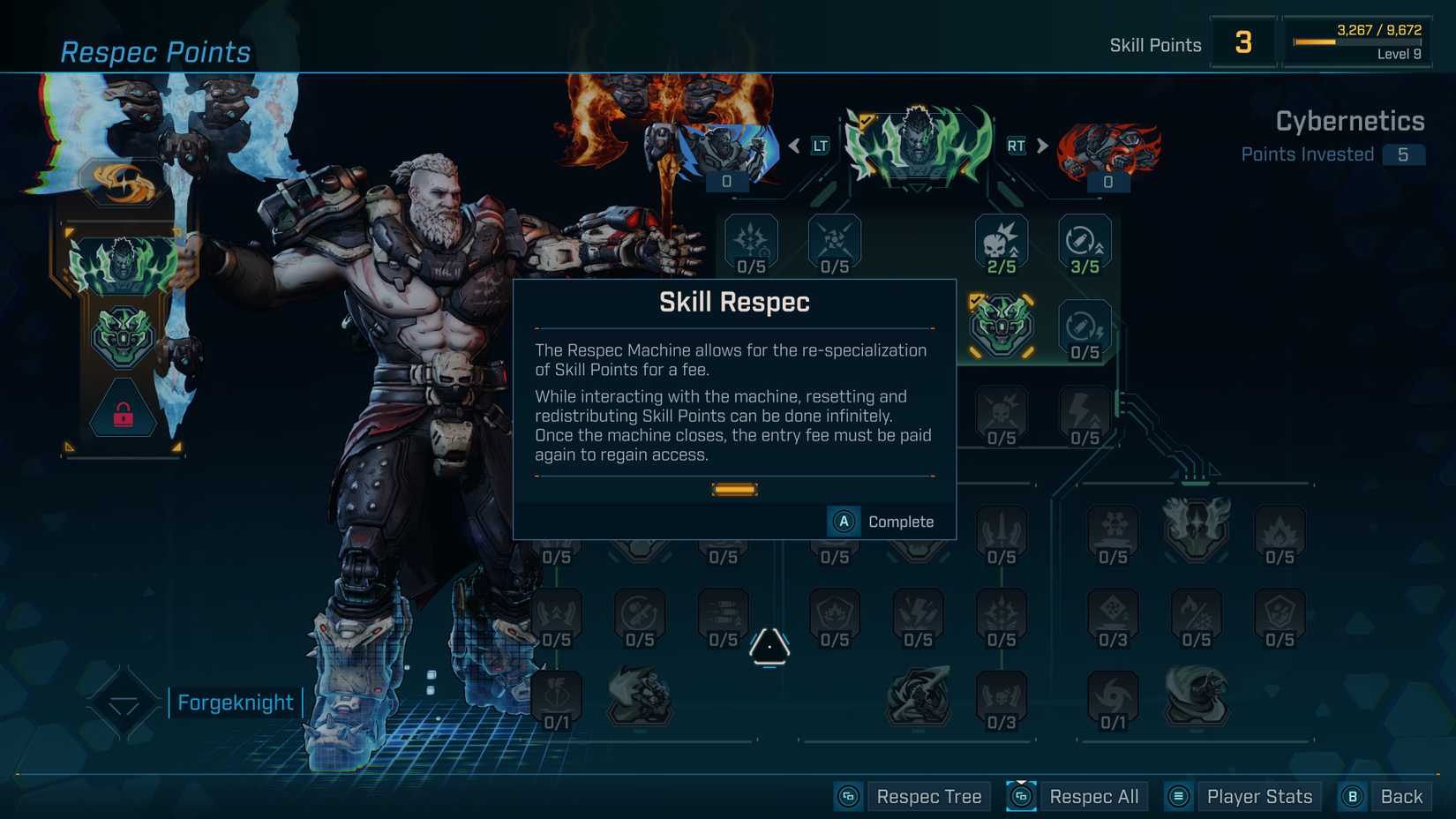 Borderlands 4 Skill Respec menu, with a pop-up explaining how the machine works.