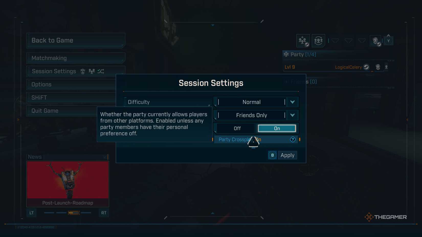Borderlands 4 multiplayer session menu highlighting the cross-platform option.