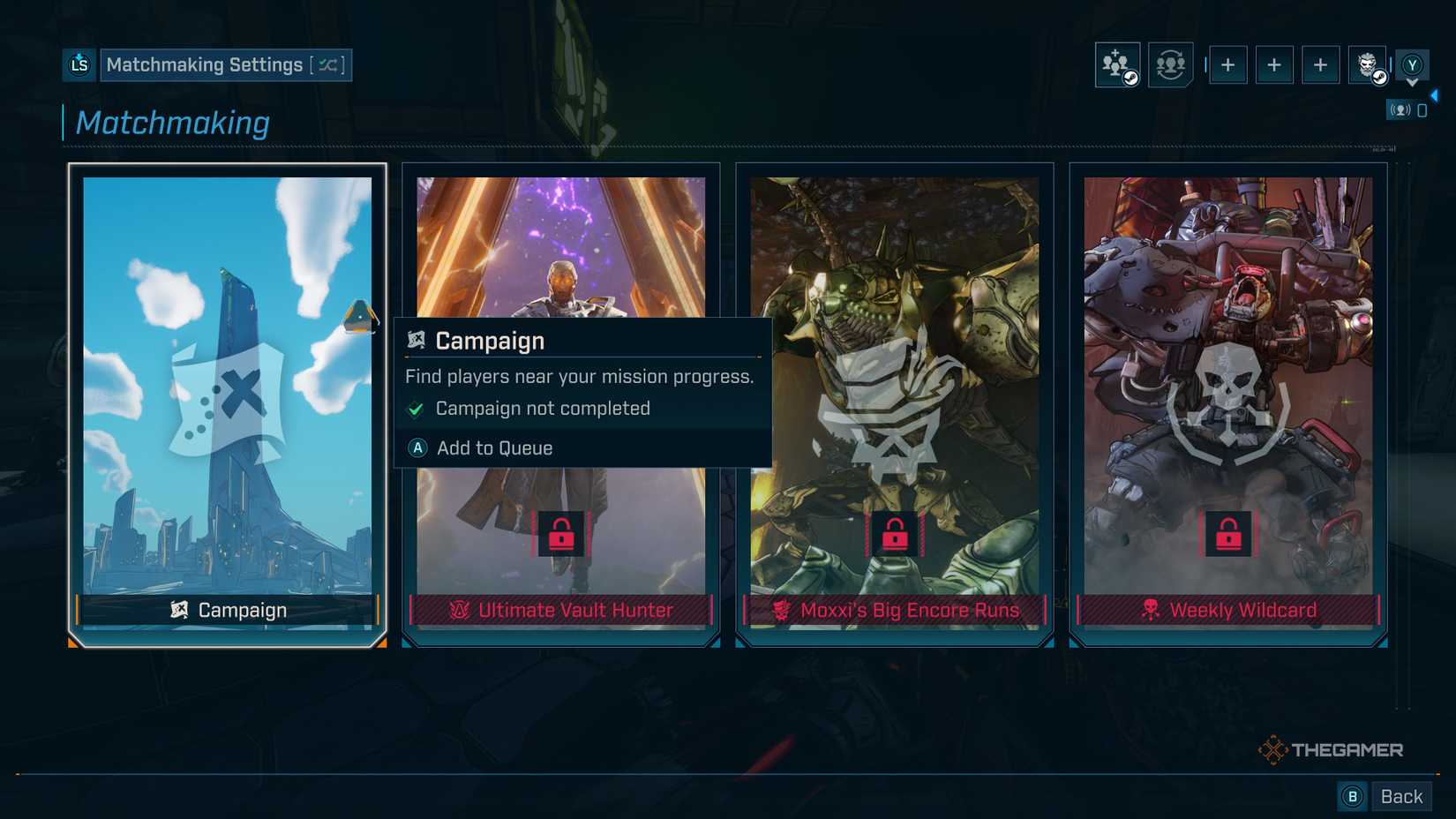 Borderlands 4 matchmaking menu, highlighting the campaign option.
