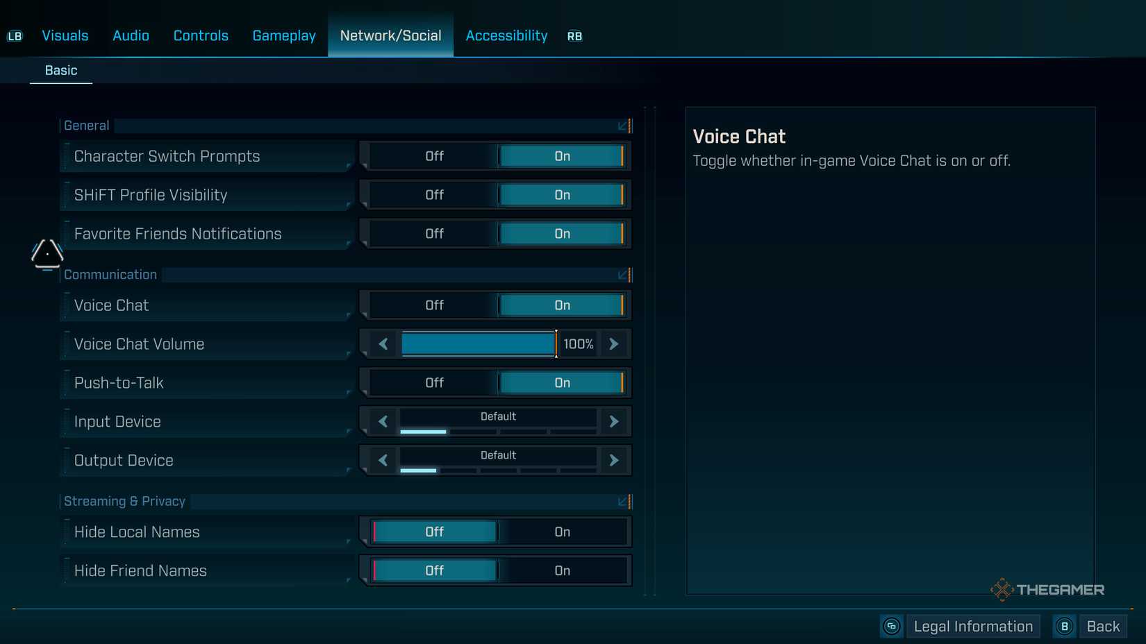 Borderlands 4 Network/Social menu showing voice chat settings.