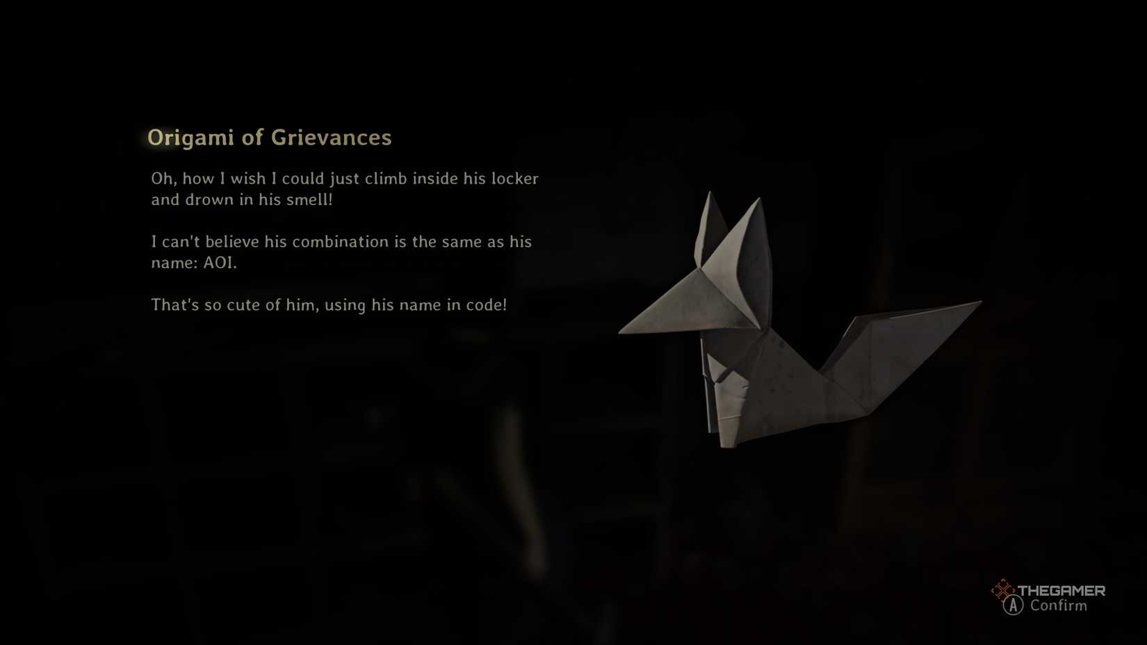 An origami talking about Aoi's locker password in Silent Hill f.