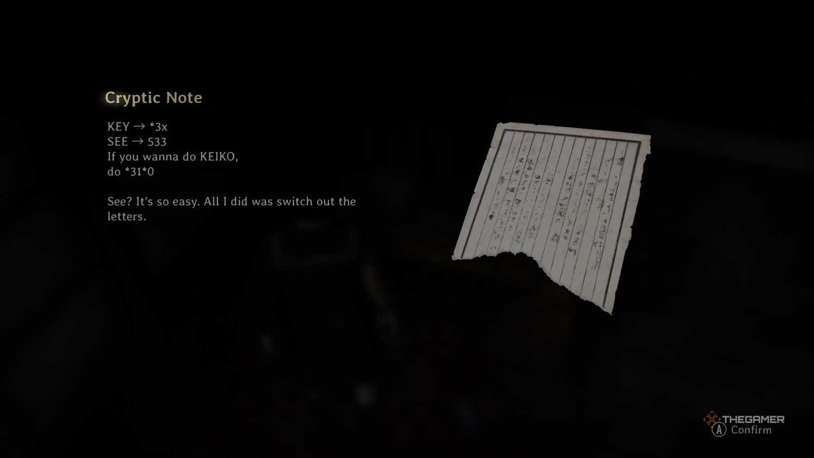 The Cryptic note with the code for a cipher in Silent Hill f.