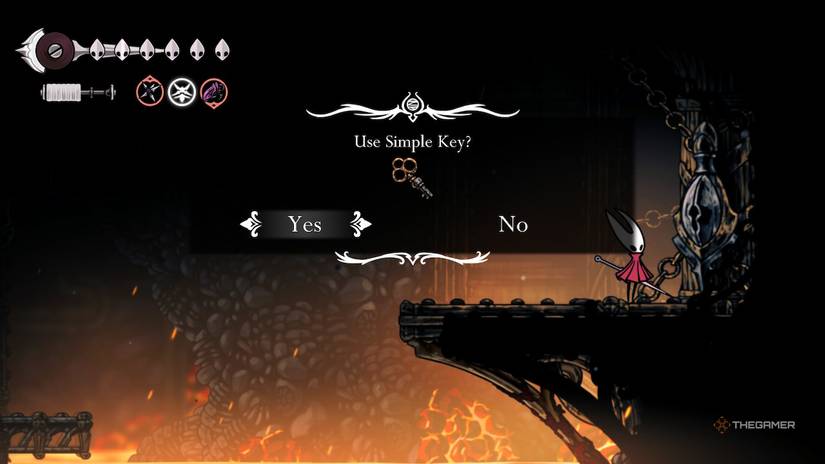 Hornet uses a Simple Key to open the Deep Docks locked door in Hollow Knight: Silksong.