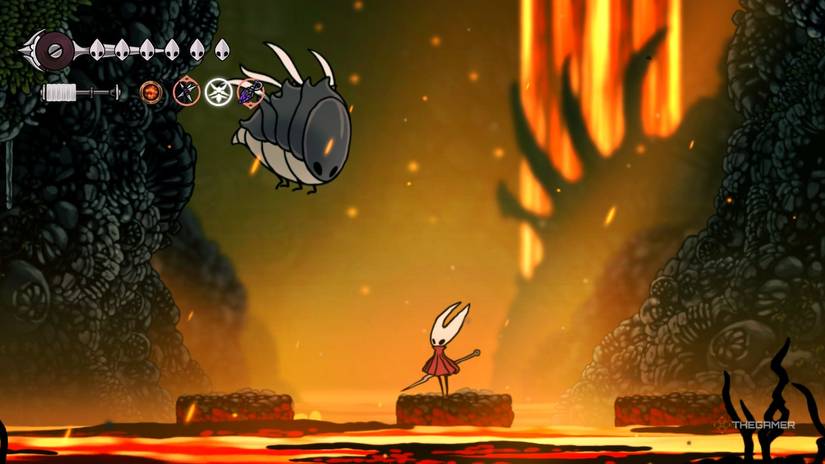 Hornet stands in the middle of an arena partially destroyed by the Savage Beastfly in Hollow Knight: Silksong.