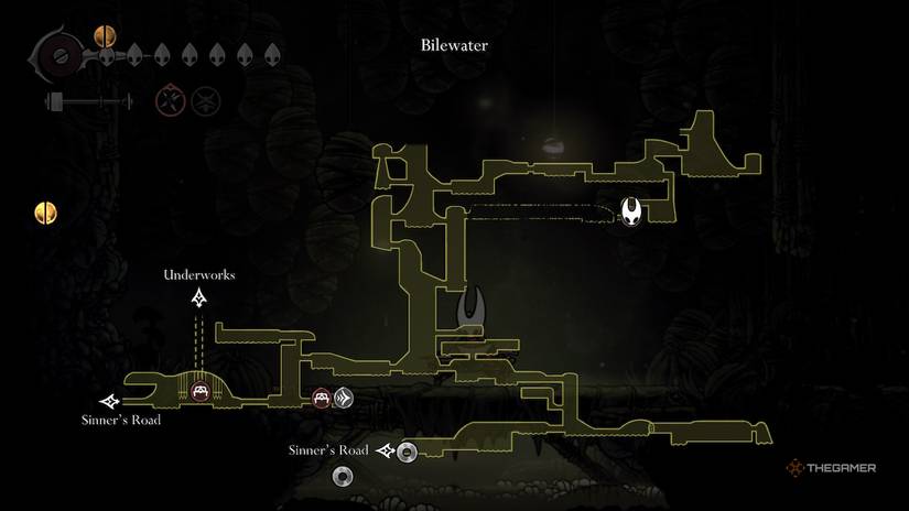 Hornet sits on the hidden bench in Bilewater in Hollow Knight: Silksong.