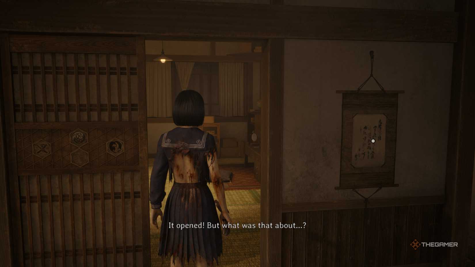 Hinako standing beside the open door to her room in Silent Hill f.