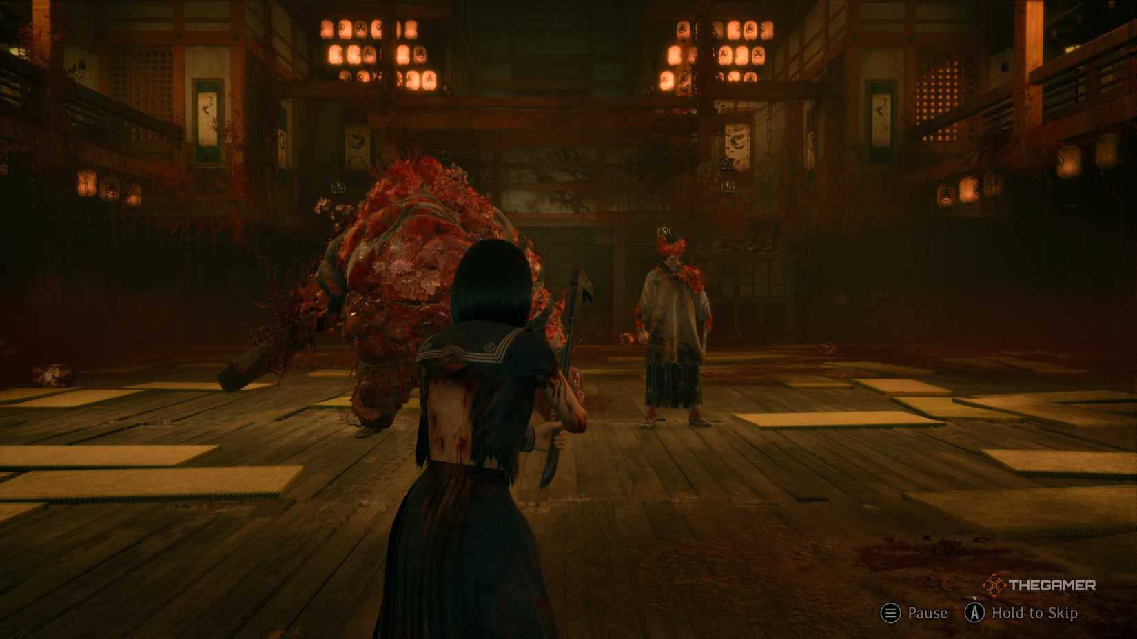 Hinako in a room with the monstrous versions of her parents in Silent Hill f.