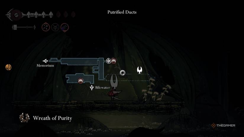 Hornet acquires the Wreath of Purity and opens her map in Hollow Knight: Silksong.