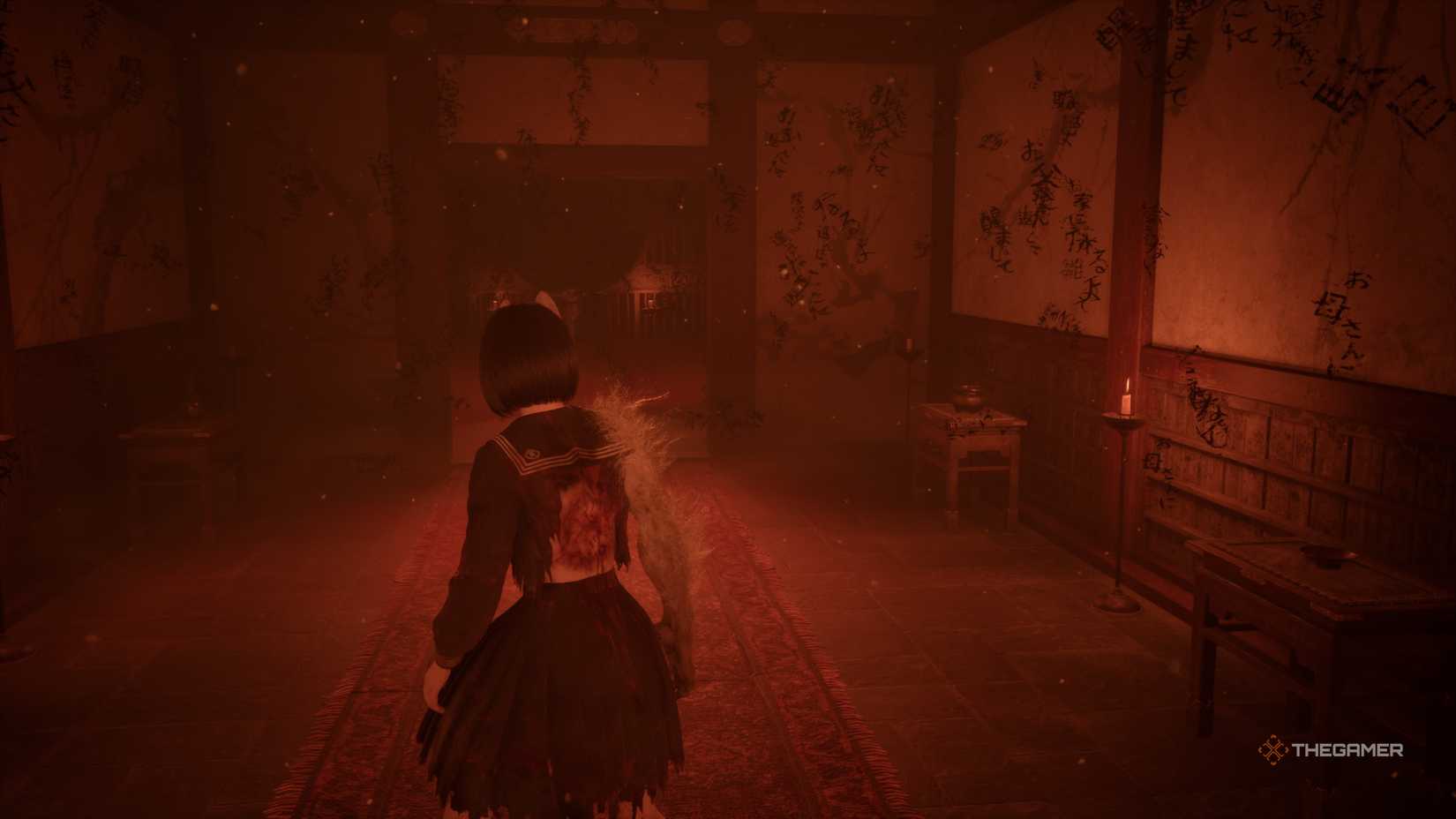 Hinako in the otherworld while the air has turned red and kanji characters float in the air in Silent Hill f.