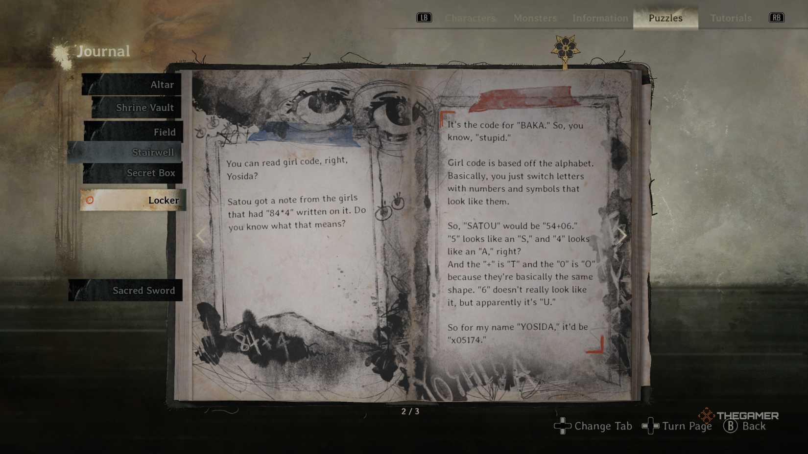 The journal with locker cipher in silent hill f.