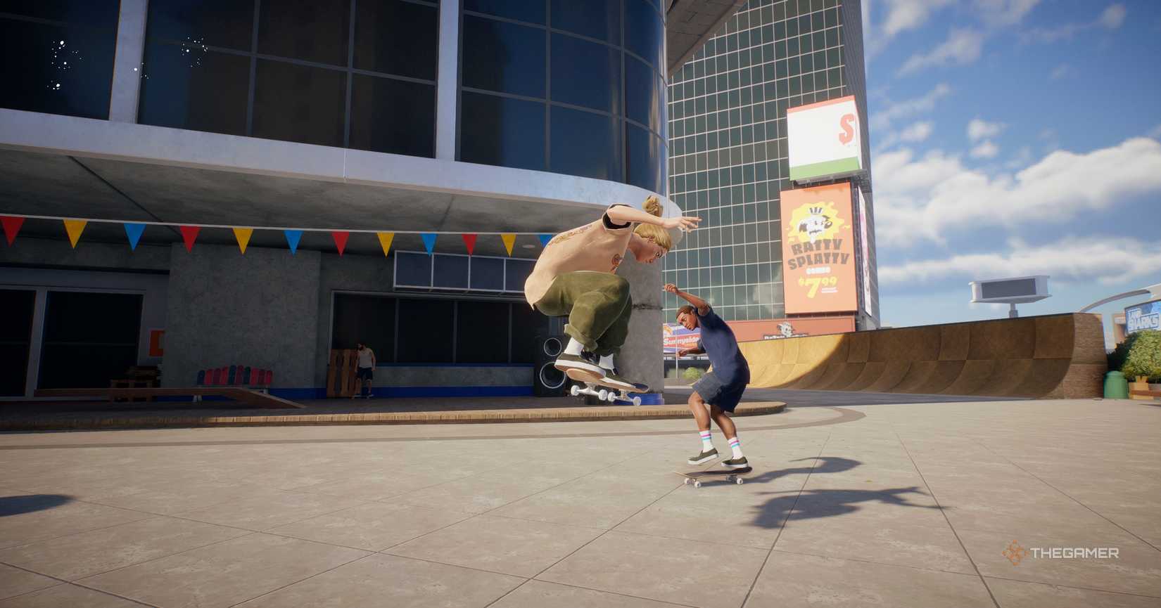 Character in Skate 4 skating with a friend.