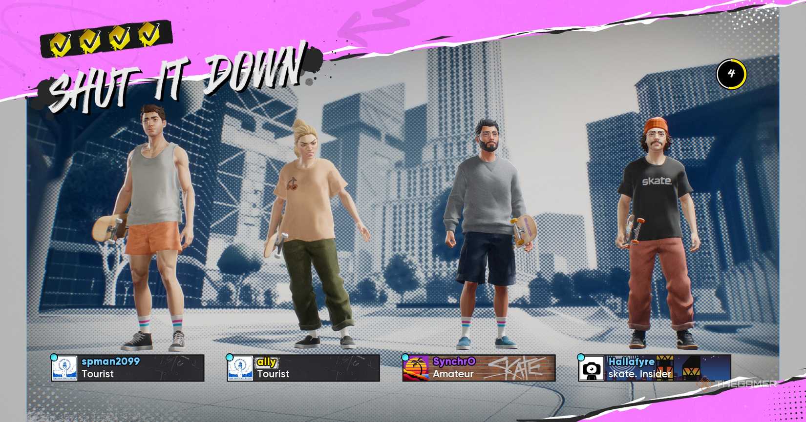Character in Skate 4 at the end of a mission with friends.