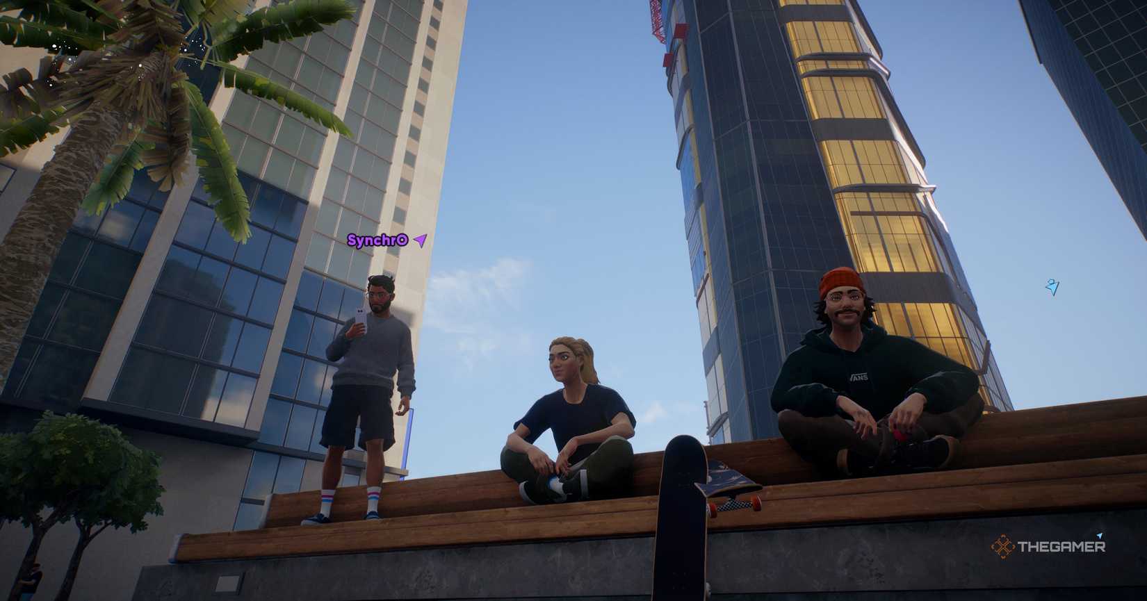 Character in Skate 4 sitting with buddies.