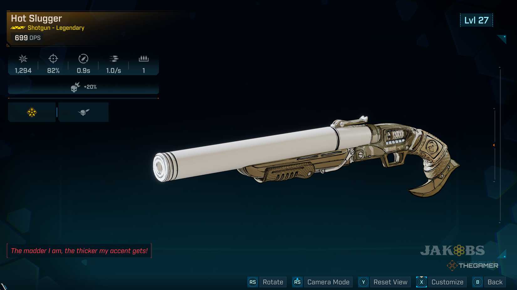 Borderlands 4 inventory close-up of the Hot Slugger shotgun.