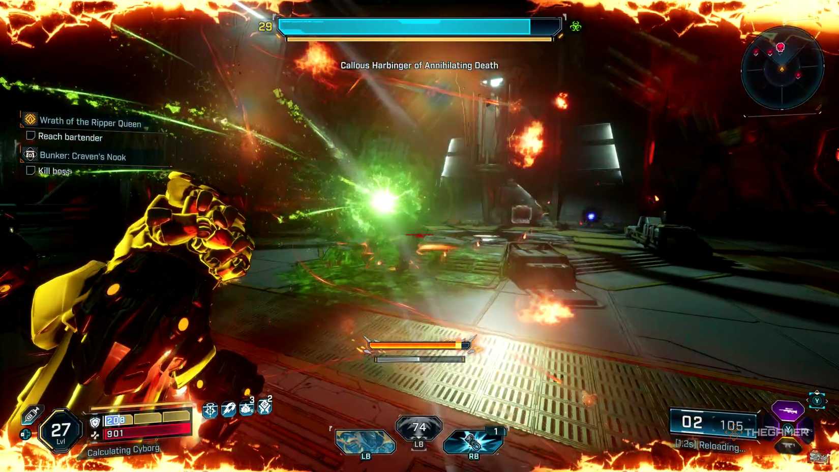 Borderlands Callous Harbinger of Annihilating Death glowing green as they launch a barrage of missiles.