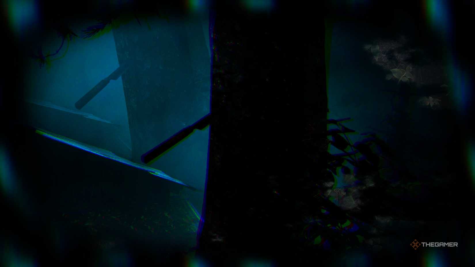 A knife stabbed in a tree in a hazy scene in silent hill f.