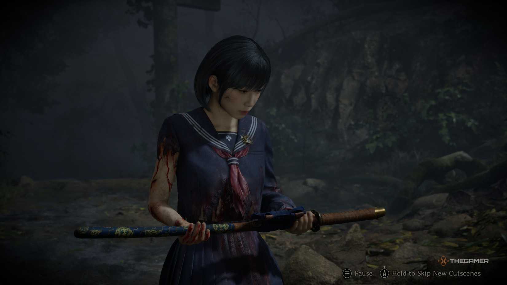 Hinako kneeling with the Sacred Sword in Silent Hill f.