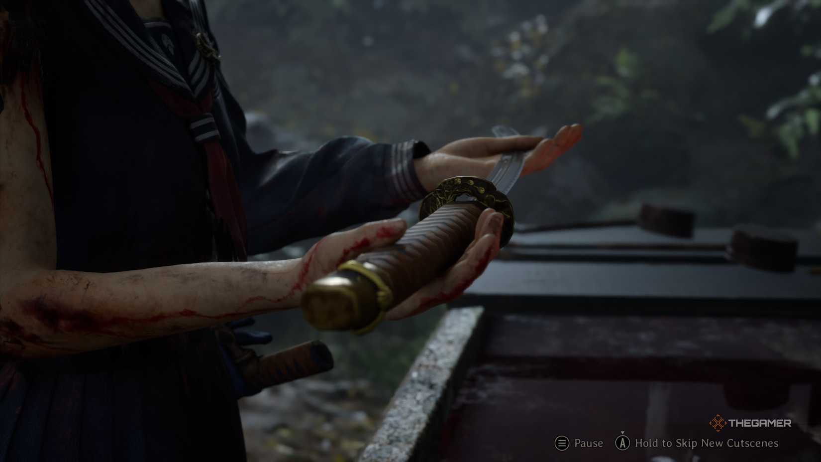 Hinako holding the sacred sword over a basin of water in silent hill f.