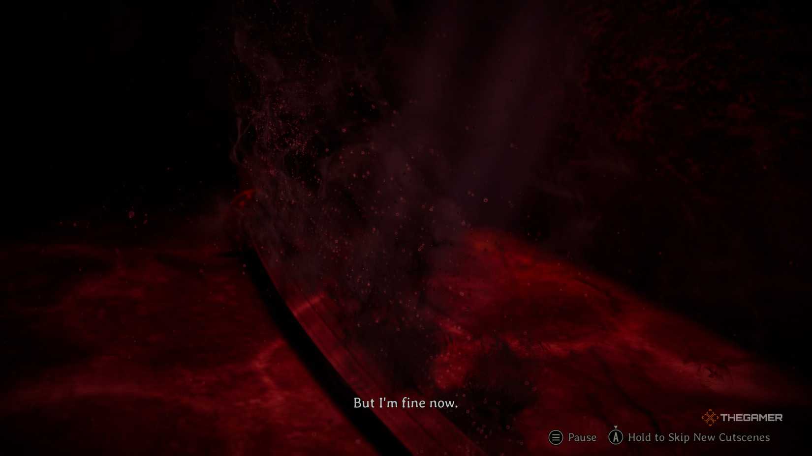 The Sacred Sword being dropped into the crimson water with dialogue that reads "But I'm fine now" in Silent Hill f.