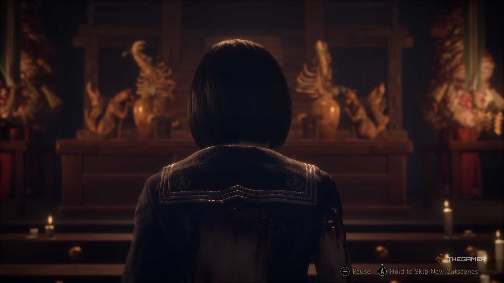Hinako in front of an inari altar in the otherworld in silent hill f.