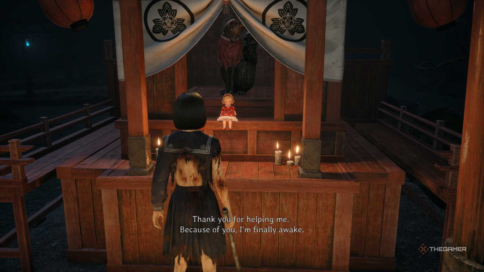 Hinako speaking to the red doll in silent hill f.