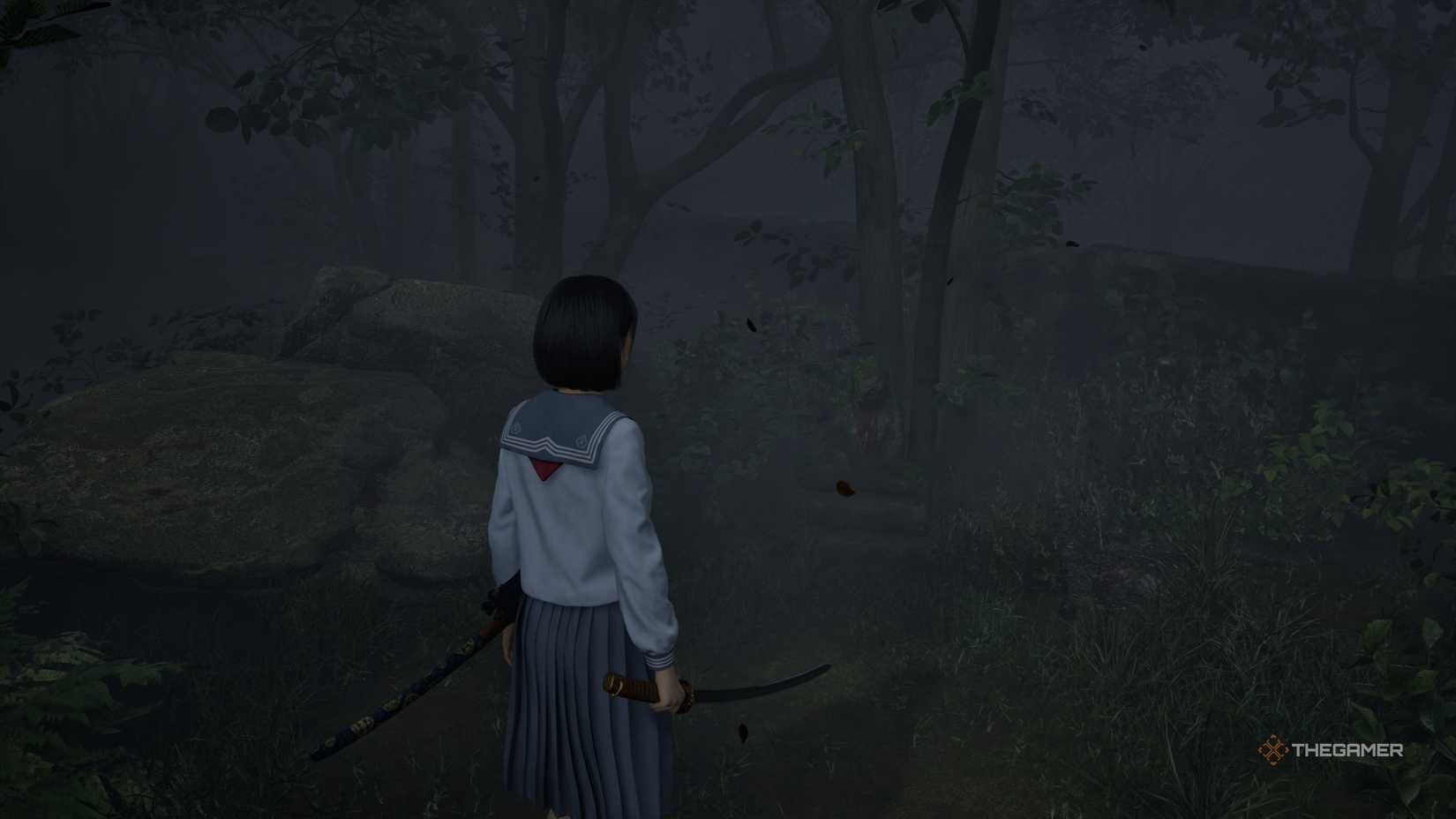Hinako in a white outfit holding the sacred sword by a jizo statue in silent hill f.