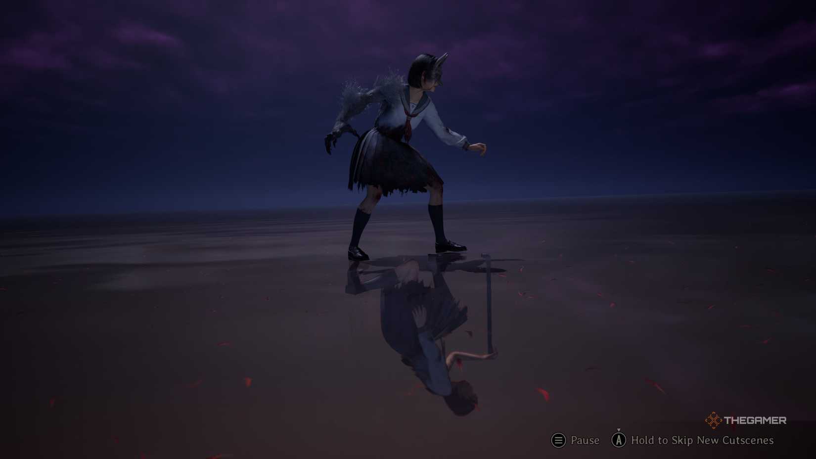 The Real World and Otherworld Hinako reflected in water in Silent Hill f.