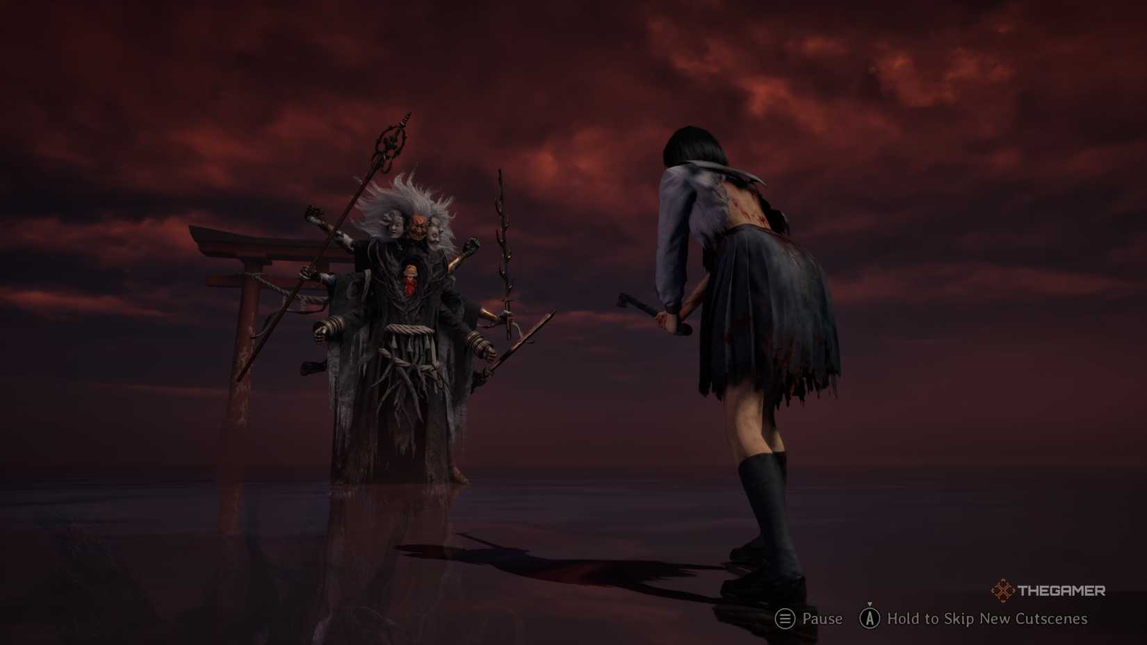 Real World Hinako facing off against Tsukumogami in Silent Hill f.