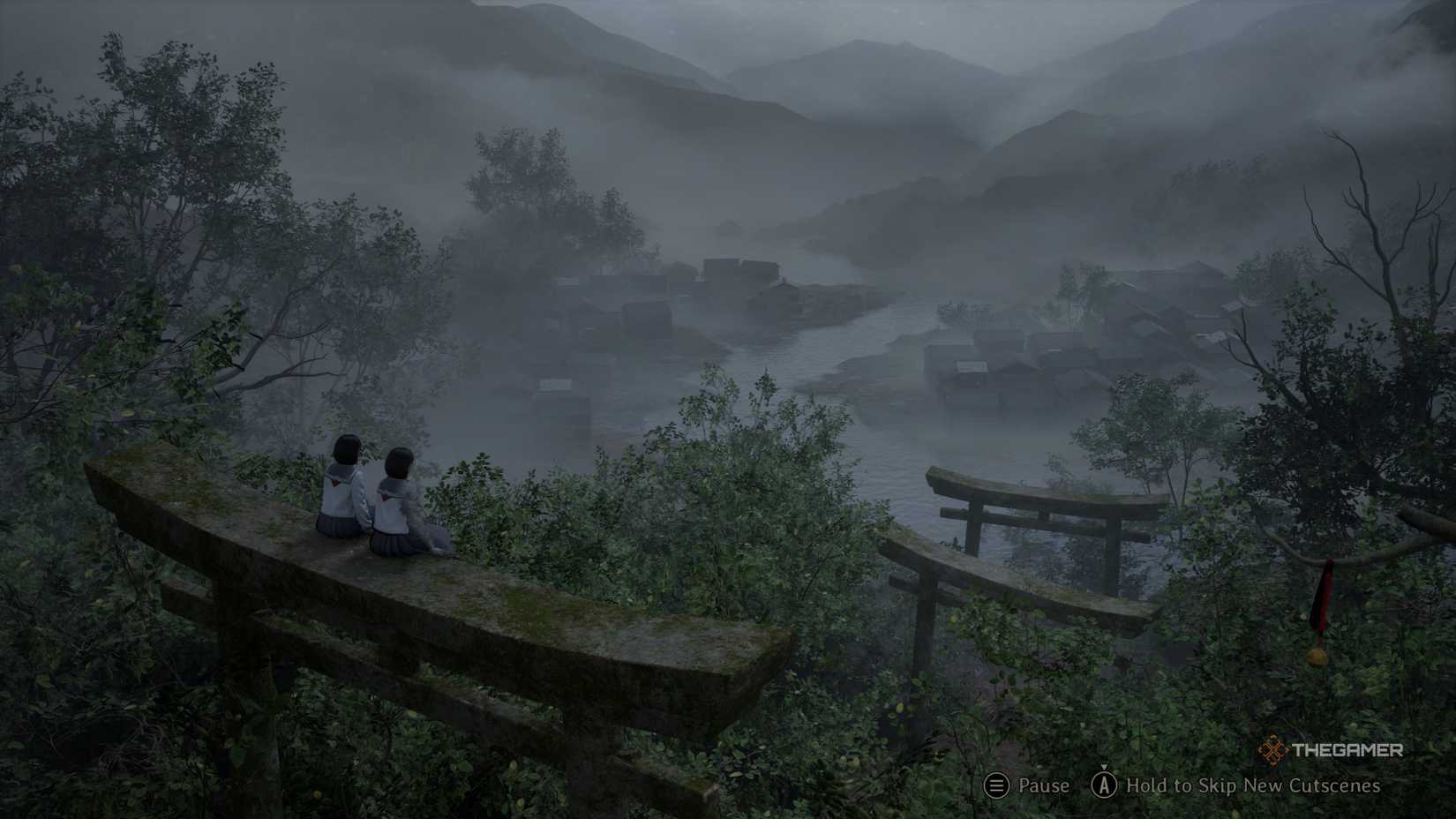 The two Hinako's sitting atop a Torii gate in the flooded Ebisugaoka in Silent Hill f.