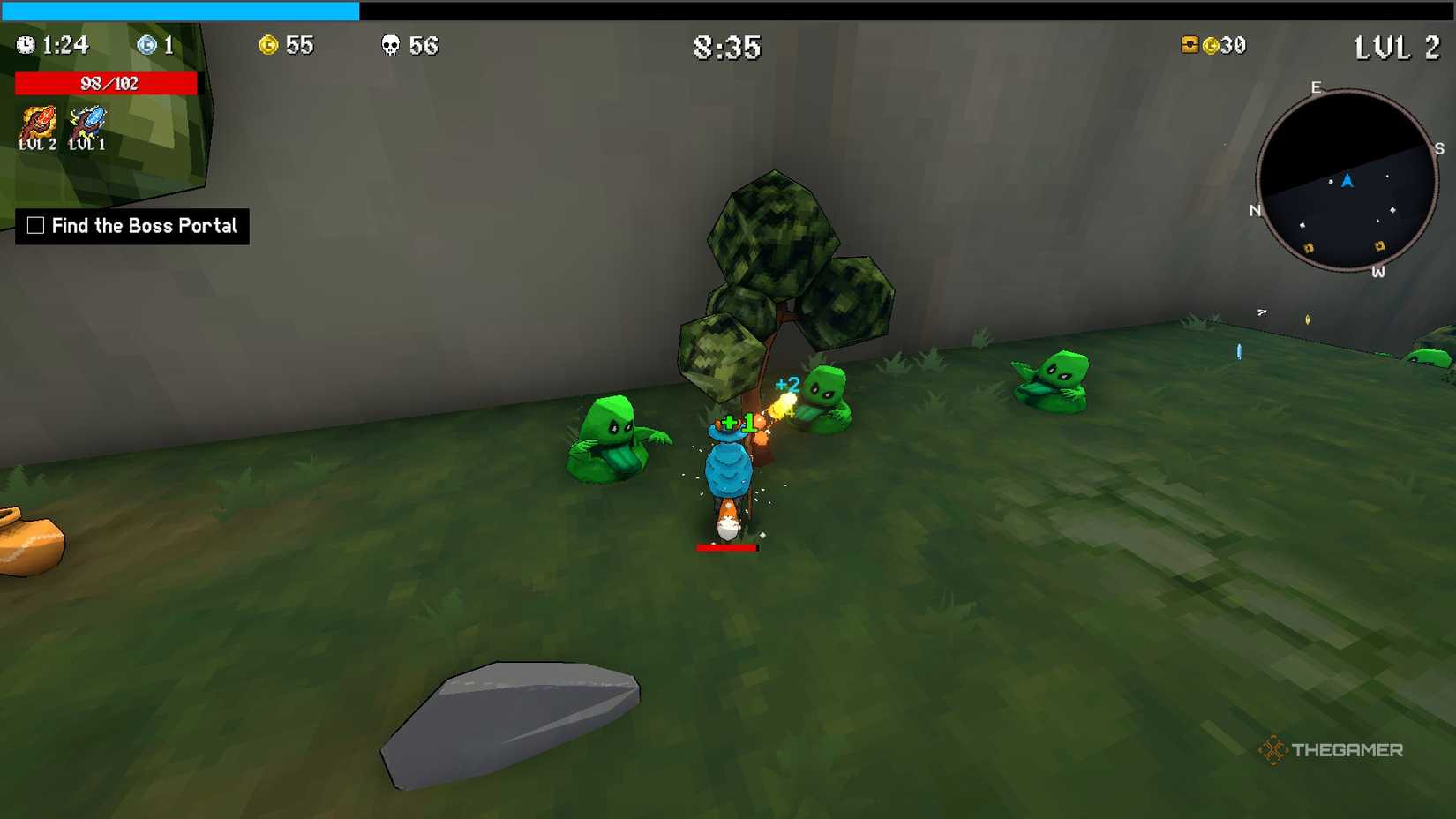 Character in Megabonk killing creatures.